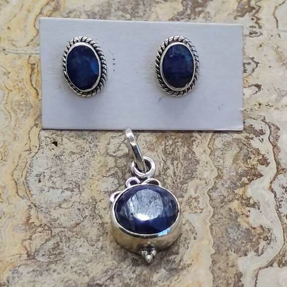 Sterling Silver Faceted Blue Sapphire Stud Earrings & Pendant Set Dainty Elegant - Picture 2 of 8